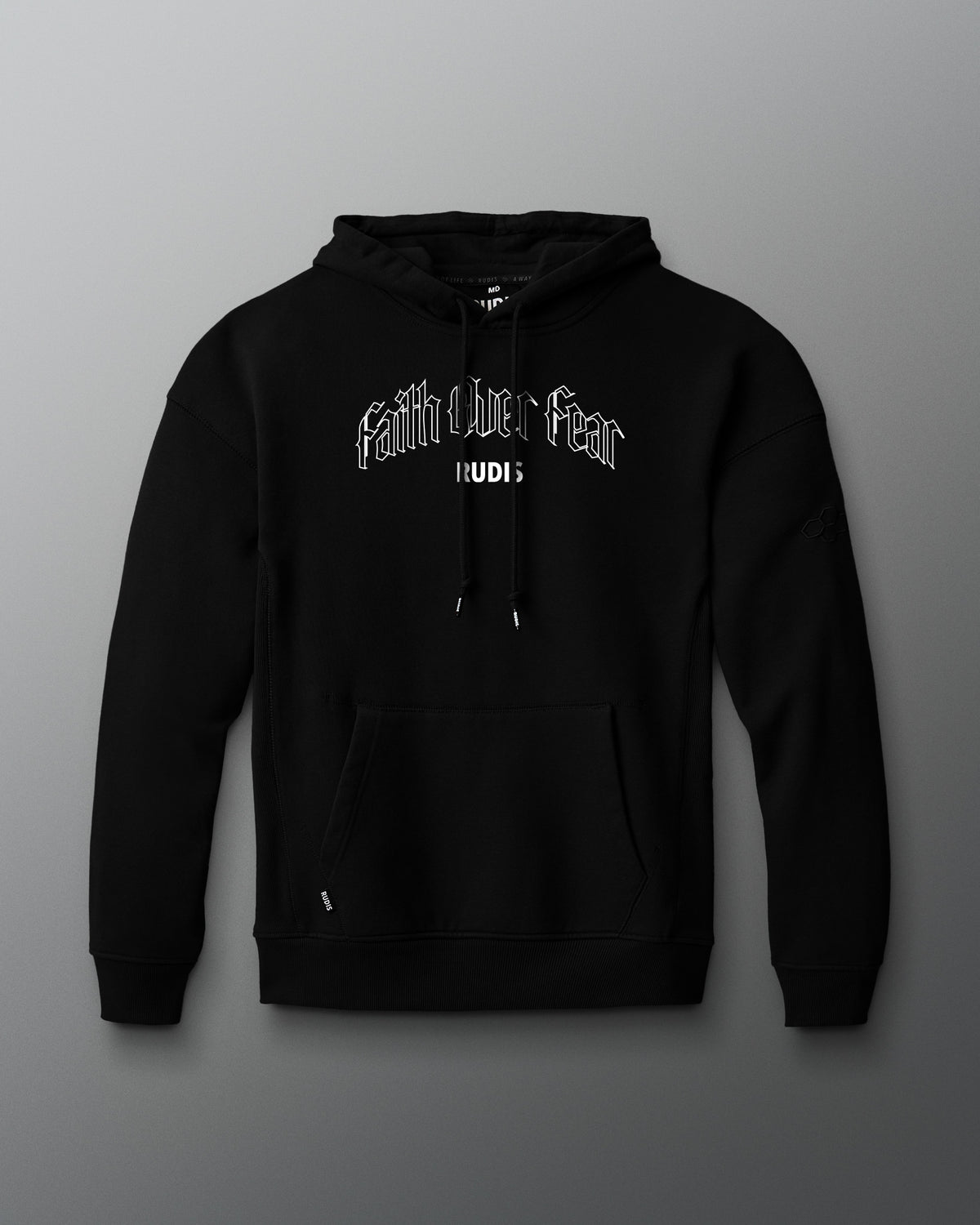 Black hoodie with 'Faith over Fear' text on a gray background