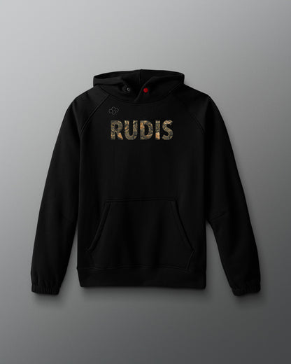 Black hoodie with 'RUDIS' text on a gray background