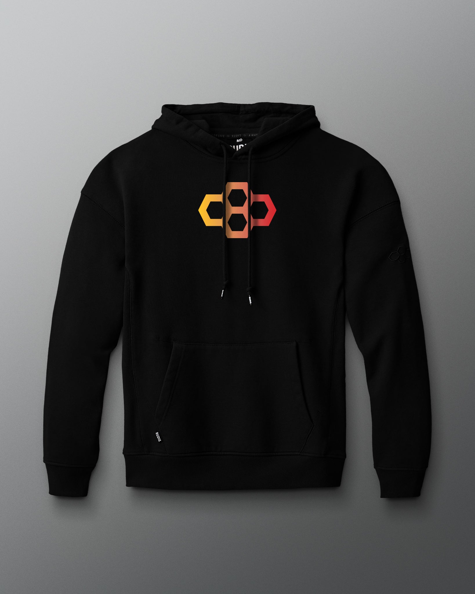 Black hoodie with a geometric logo on a gray background