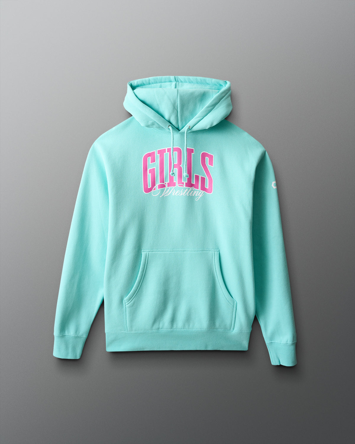 Light blue hoodie with pink text on a gray background