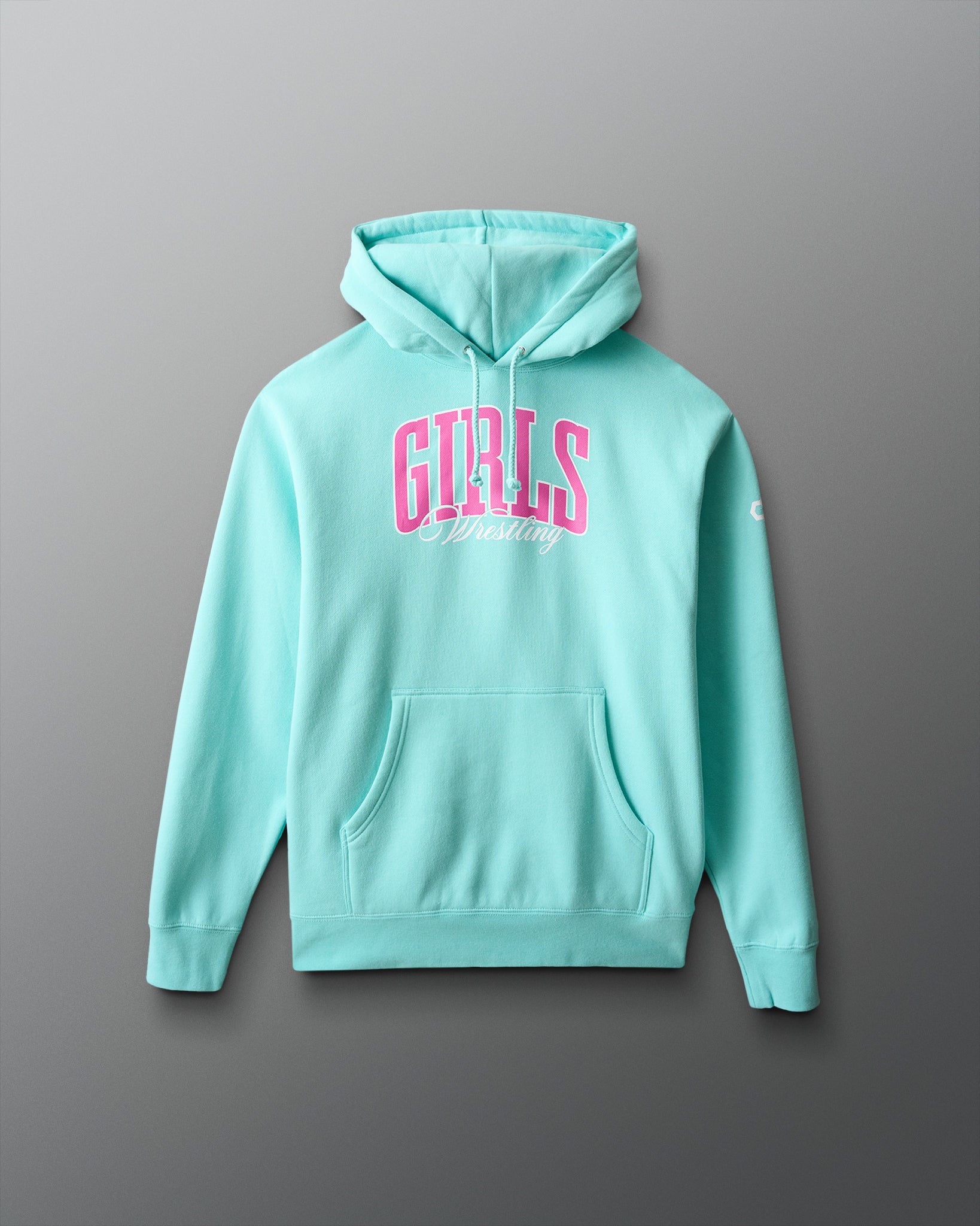 Light blue hoodie with pink text on a gray background