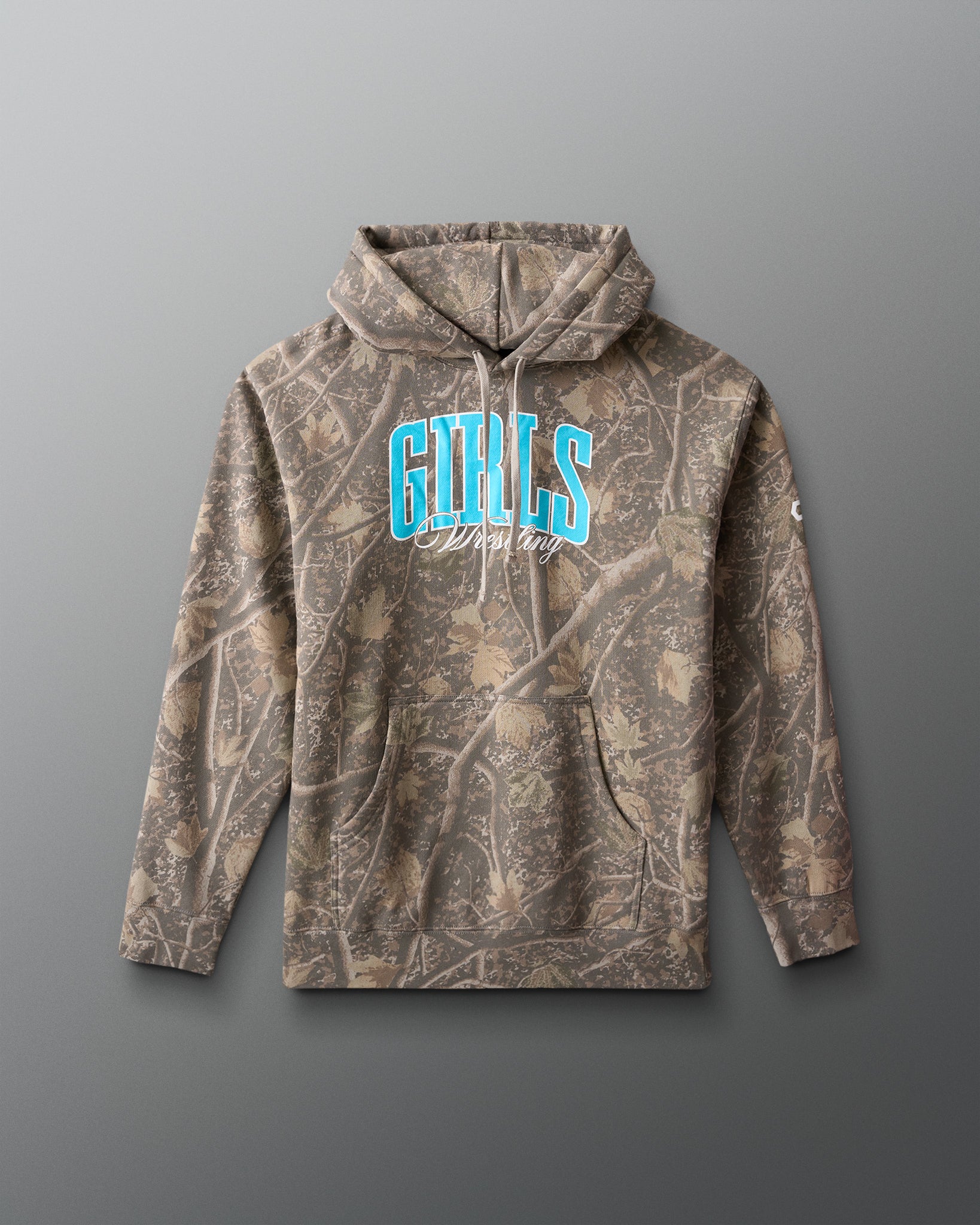 Camouflage hoodie with 'GIRLS' text on a gray background
