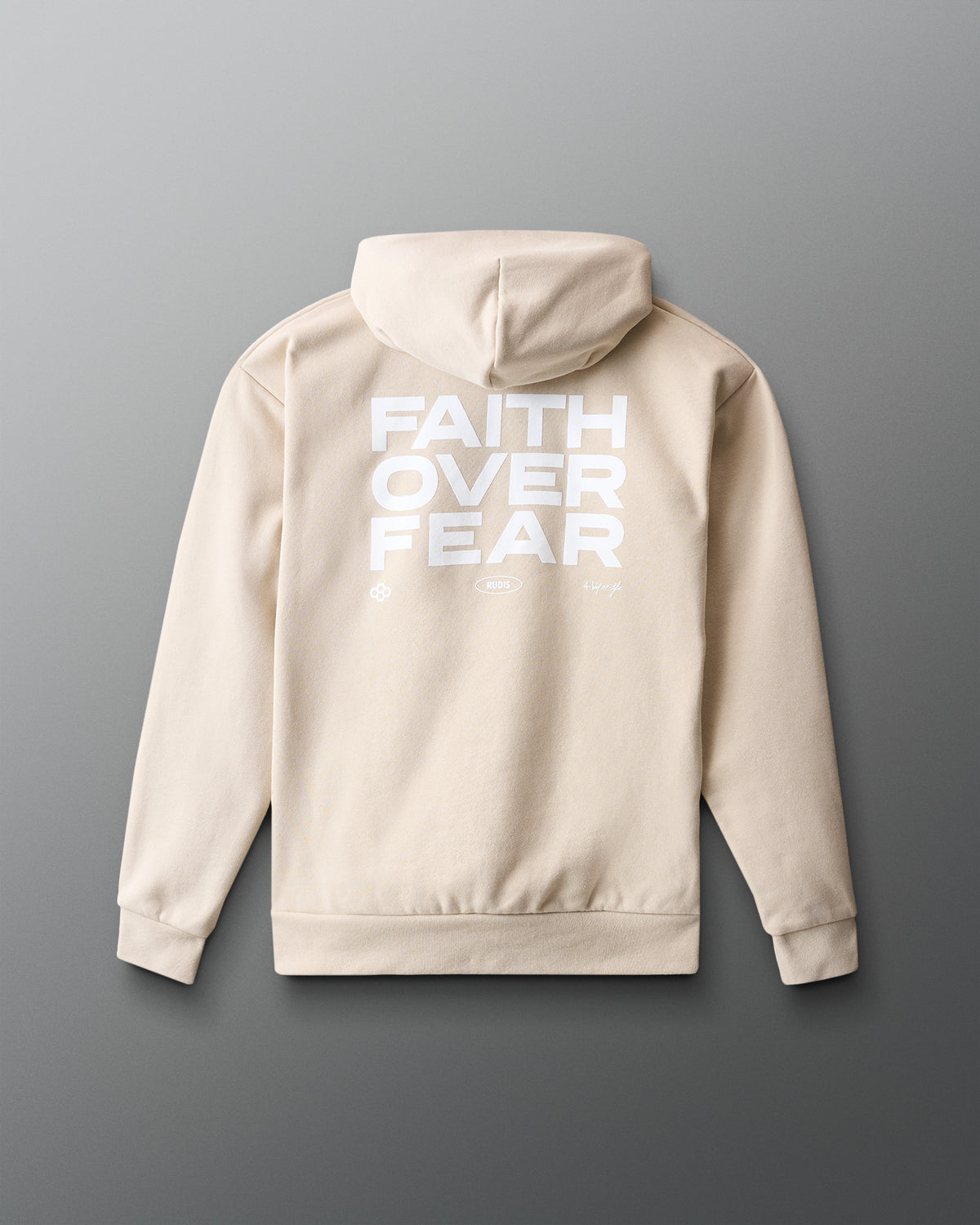 Beige hoodie with 'FAITH OVER FEAR' text on the back against a gray background