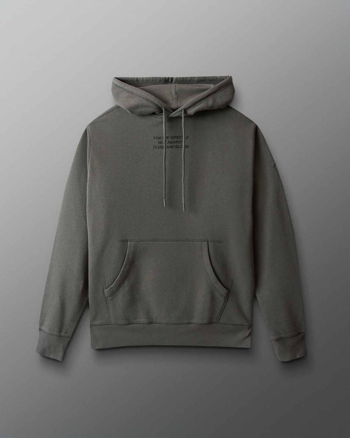 dark olive hoodie with text on the chest against a gray background