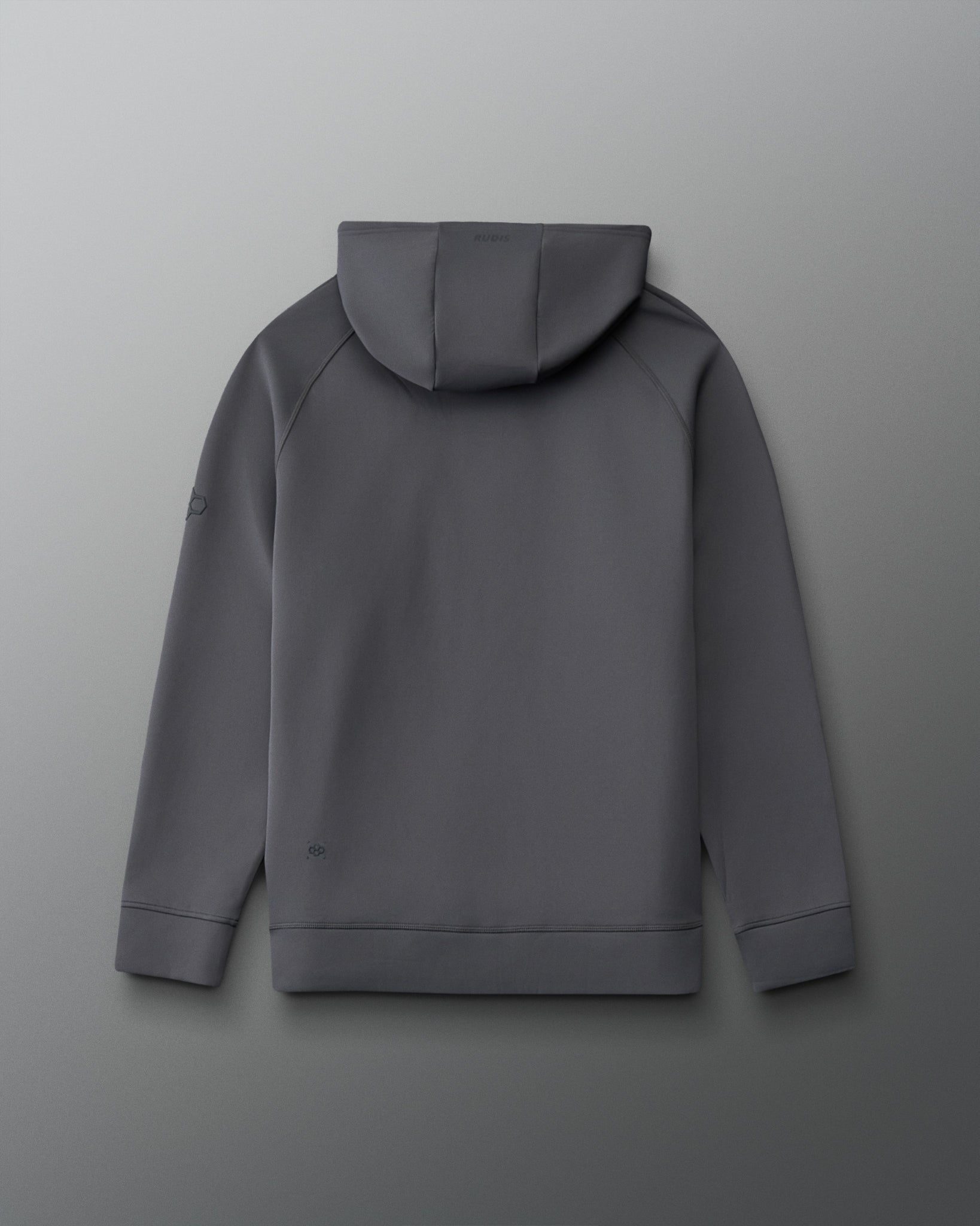 Back view of RUDIS Flag Hex Cool Feel Hoodie in Carbon gray, showcasing a minimalist design, structured hood, raglan sleeves, and subtle RUDIS branding.