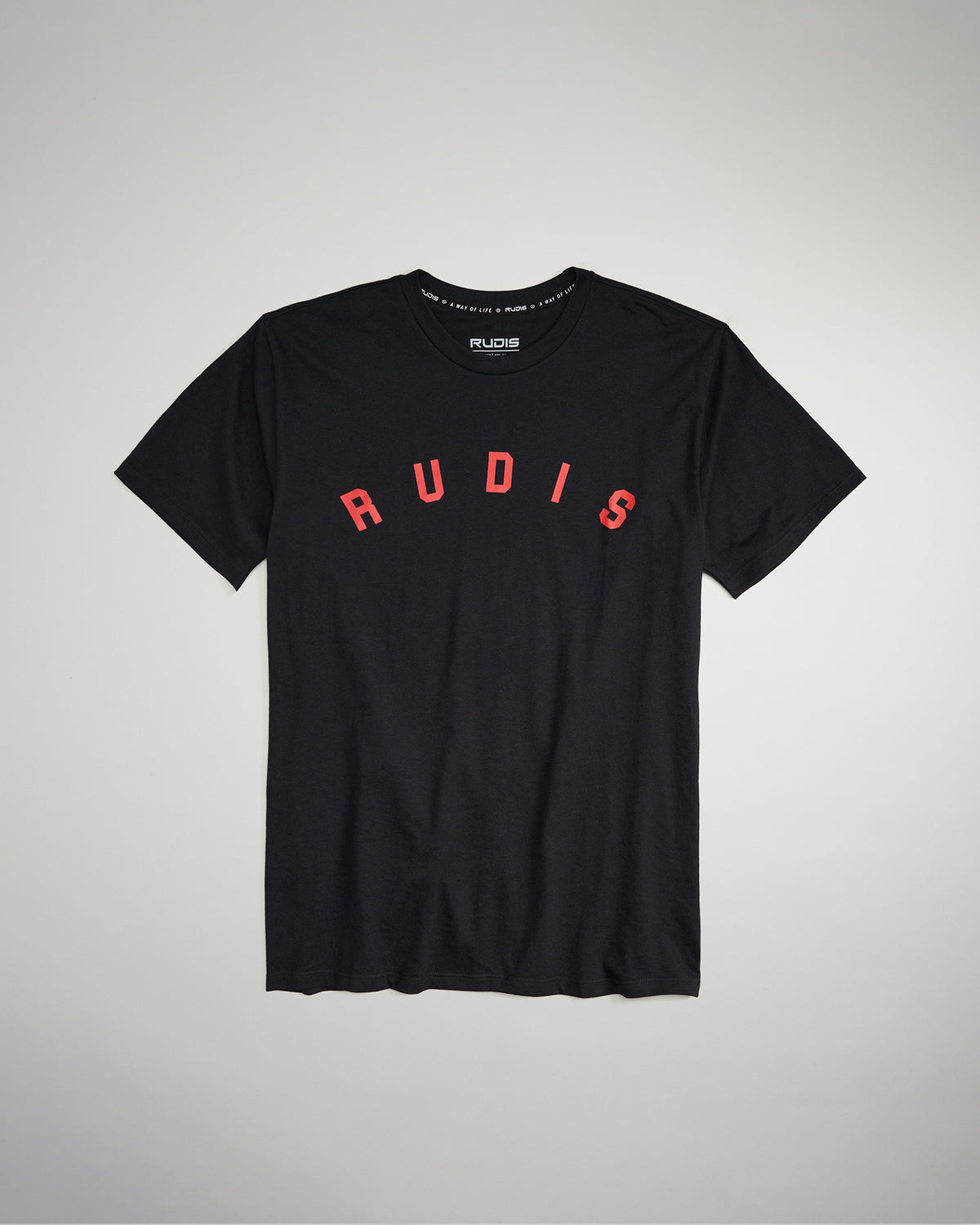A black t-shirt featuring the word RUDIS in bold red block letters across the chest designed for casual or athletic wear