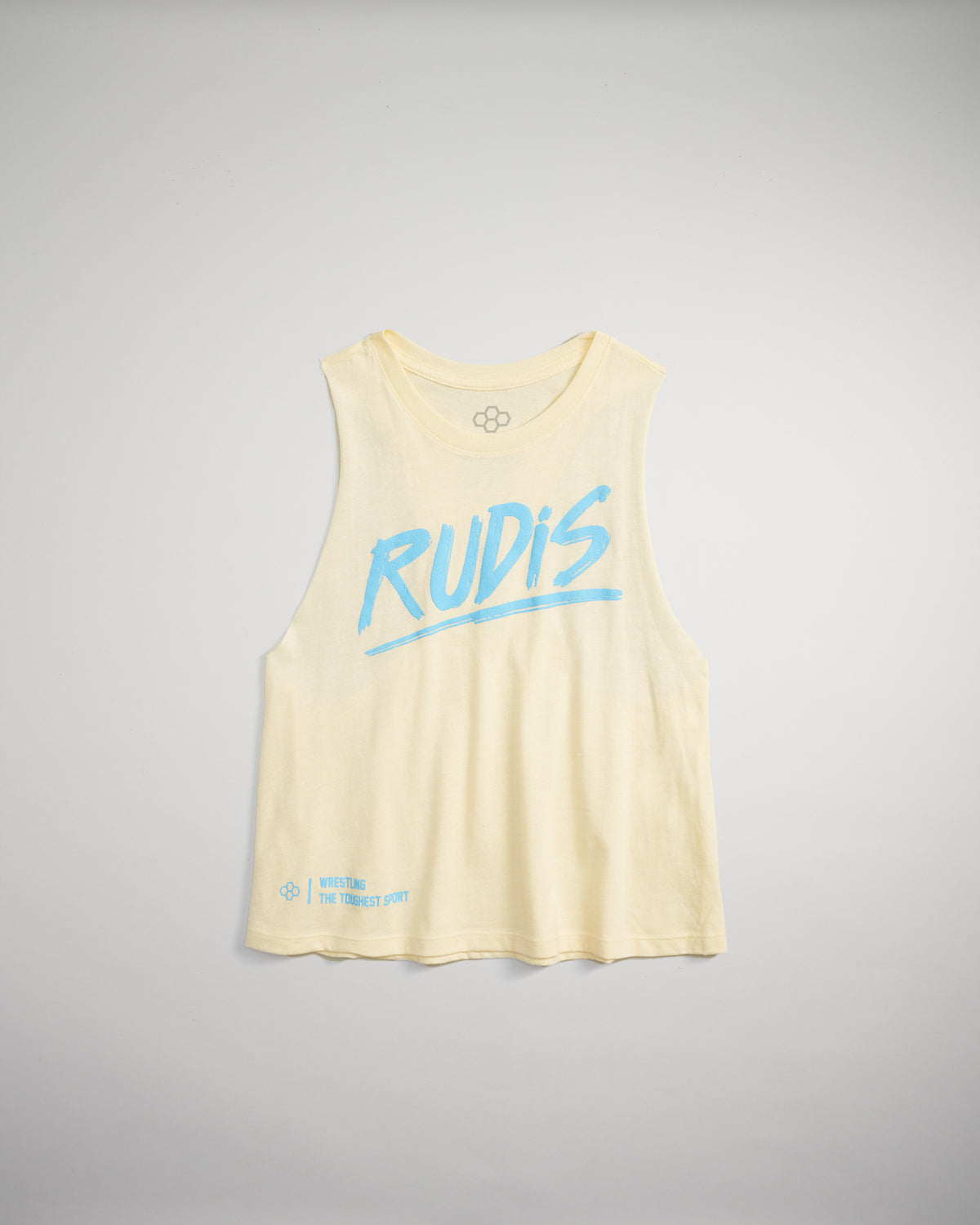 A light yellow sleeveless tank top featuring the word RUDIS in bold blue letters with a tagline about wrestling at the bottom