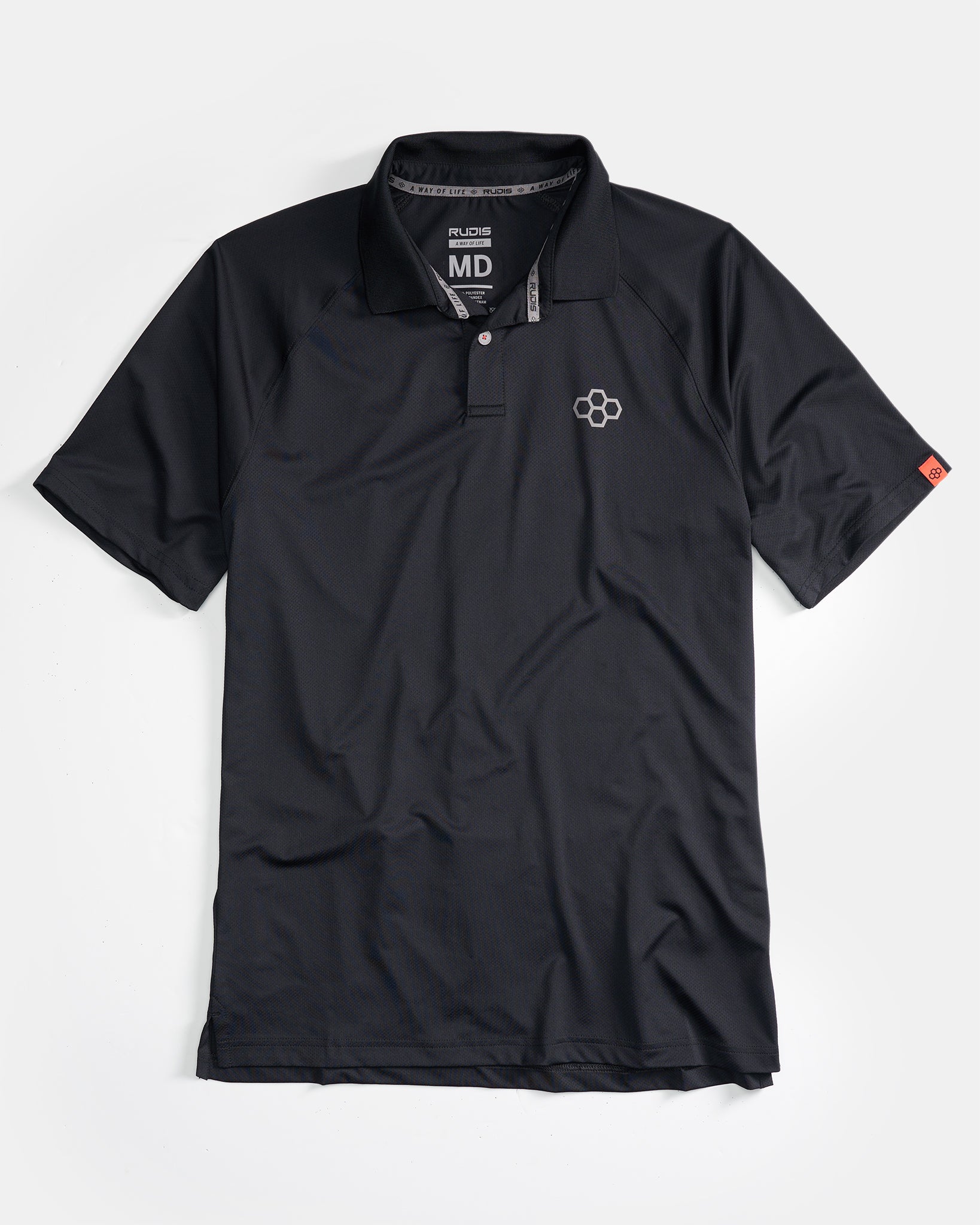 A black athletic polo shirt featuring a subtle logo made from breathable fabric and designed for comfort during physical activities