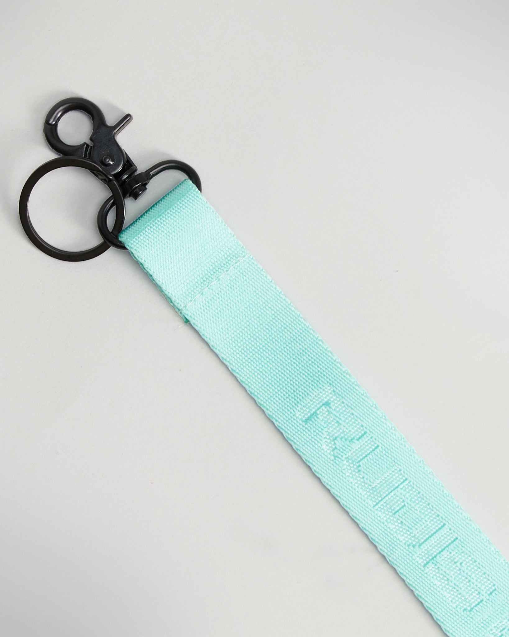 This image features a light blue strap with a black metal clasp and ring designed for attaching items or accessories