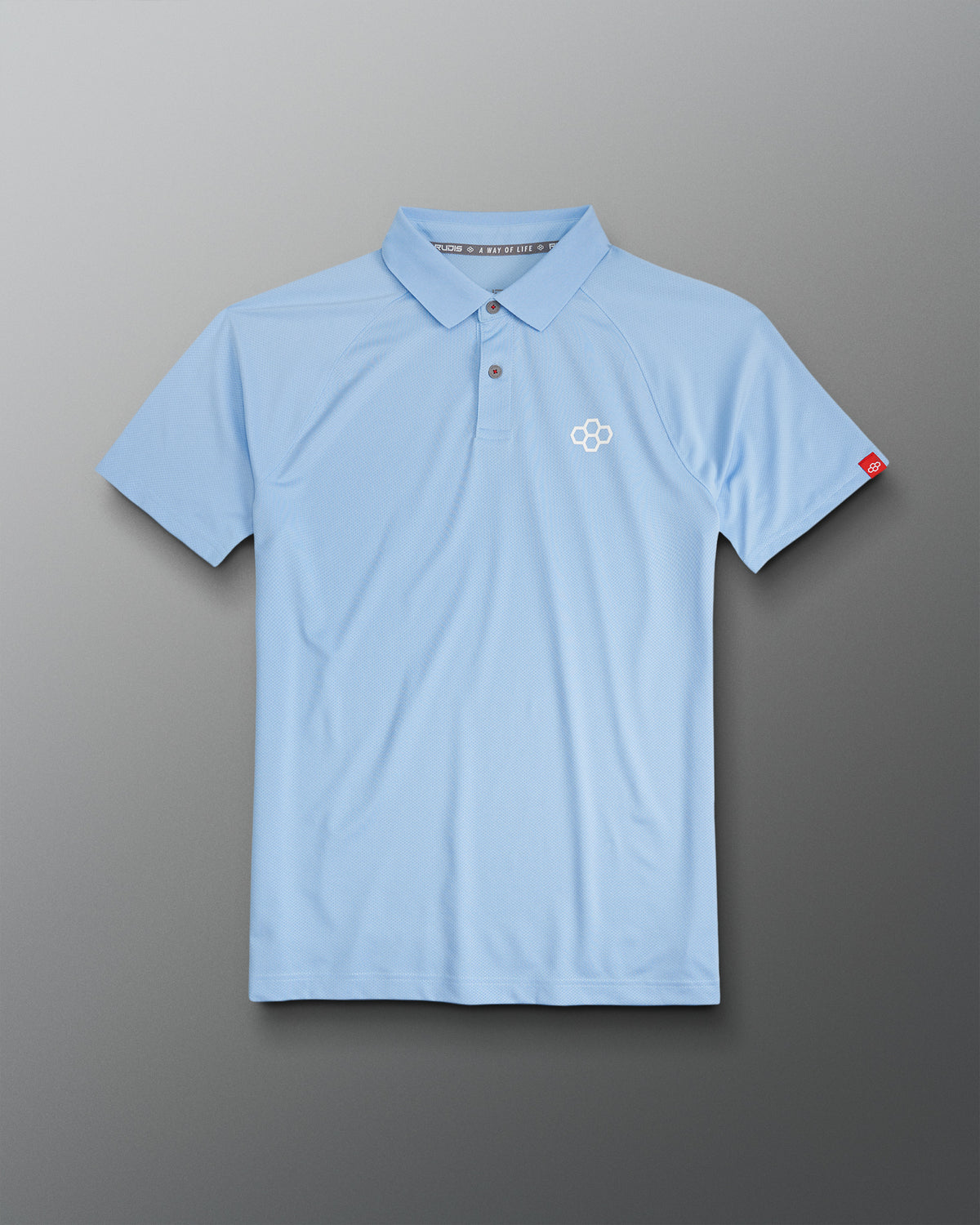 A light blue polo shirt featuring a breathable fabric a classic collar and subtle logo embroidery on the chest