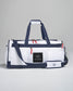 A stylish white and navy gym bag featuring a prominent logo and multiple compartments for storage