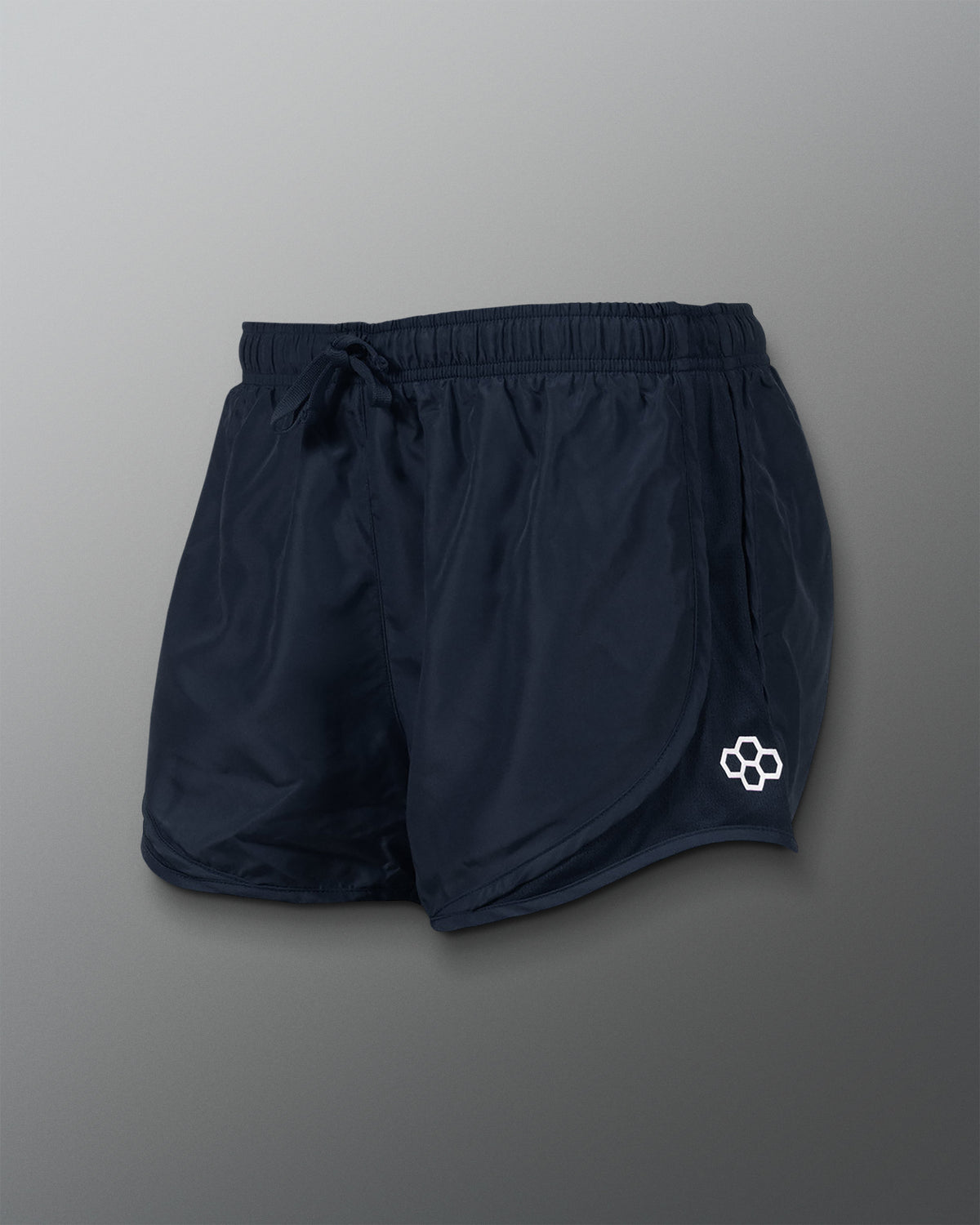 This image features a pair of black athletic shorts made from lightweight moisture-wicking fabric designed for comfort during physical activities