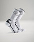 A pair of white athletic socks featuring a stylish design with hexagonal patterns and black accents for enhanced support and comfort during sports activities