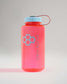 Vibrant pink water bottle with a light blue lid and honeycomb logo perfect for hydration on the go