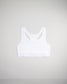 A simple white sports bra featuring a racerback design and a subtle textured band with the phrase A WAY OF LIFE