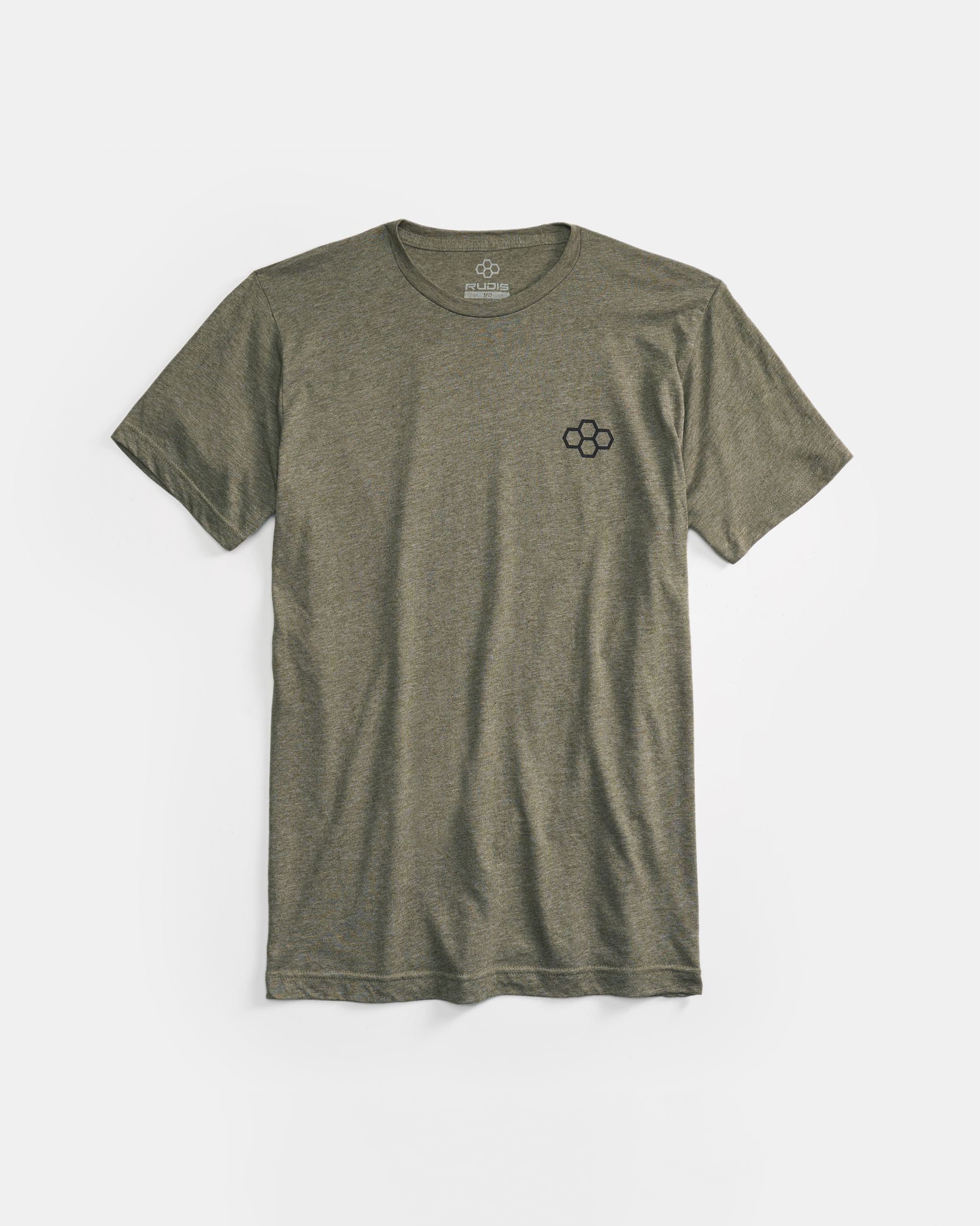 A casual olive green t-shirt featuring a small black logo on the left chest area made from soft breathable fabric for comfort
