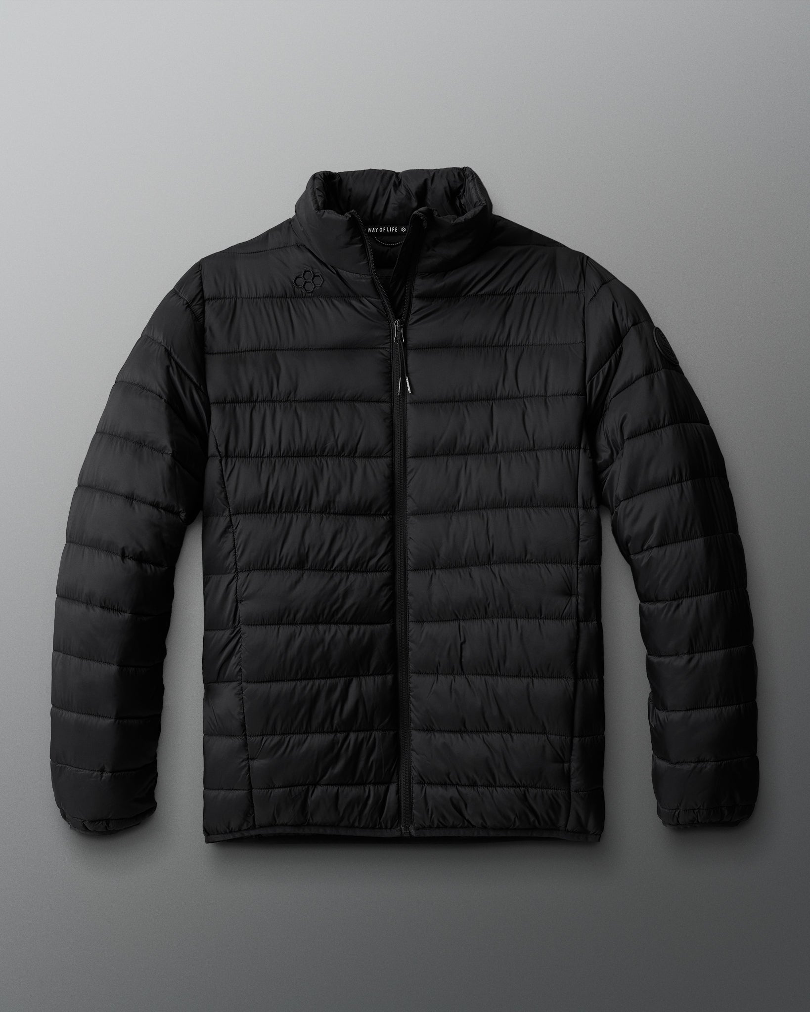 A black puffer jacket with a collar, long sleeves, and front zip pockets.