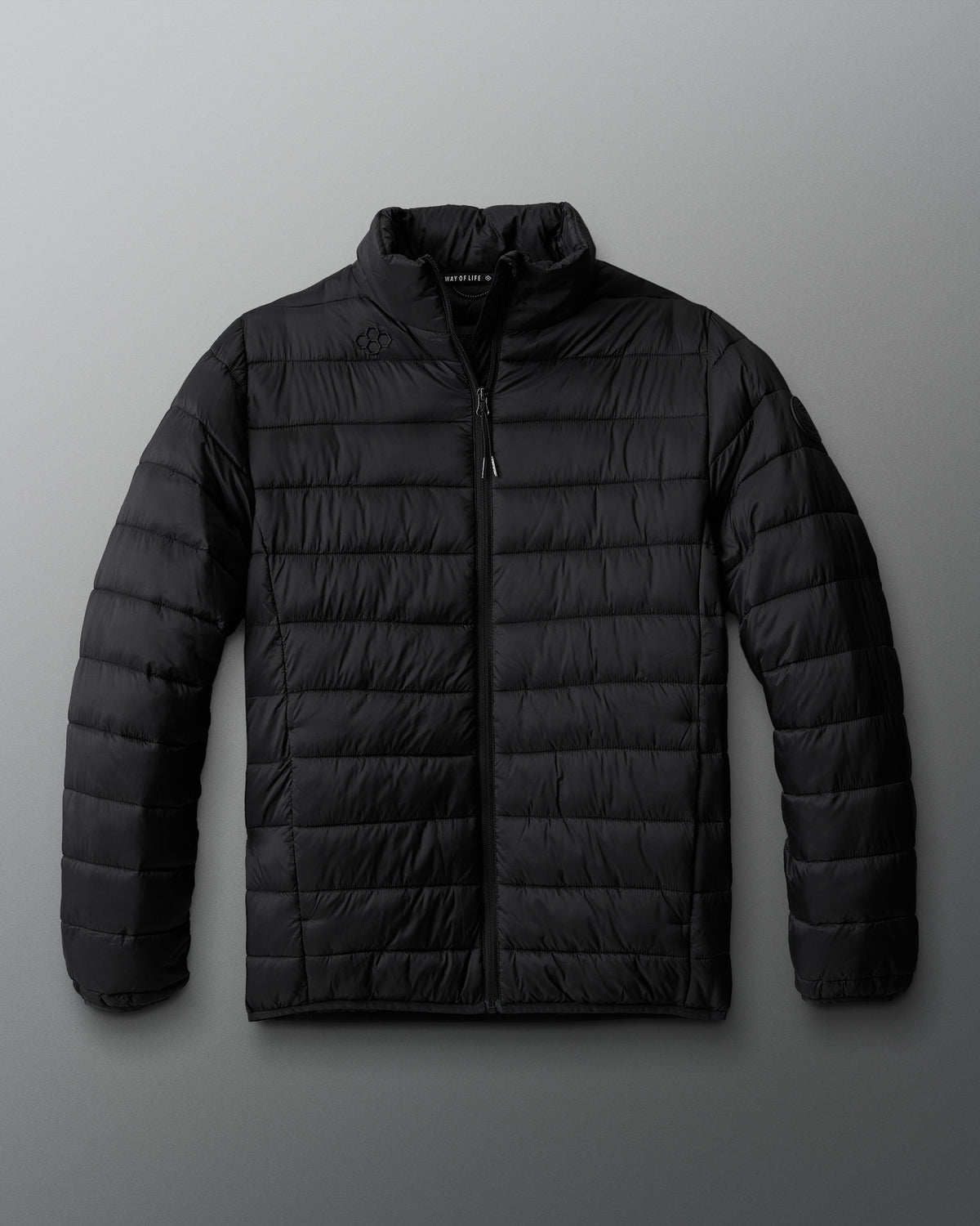 A black puffer jacket with a collar, long sleeves, and front zip pockets.