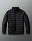 A black puffer jacket with a collar, long sleeves, and front zip pockets.