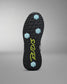 Close-up of a shoe sole with brand logo on a gray background