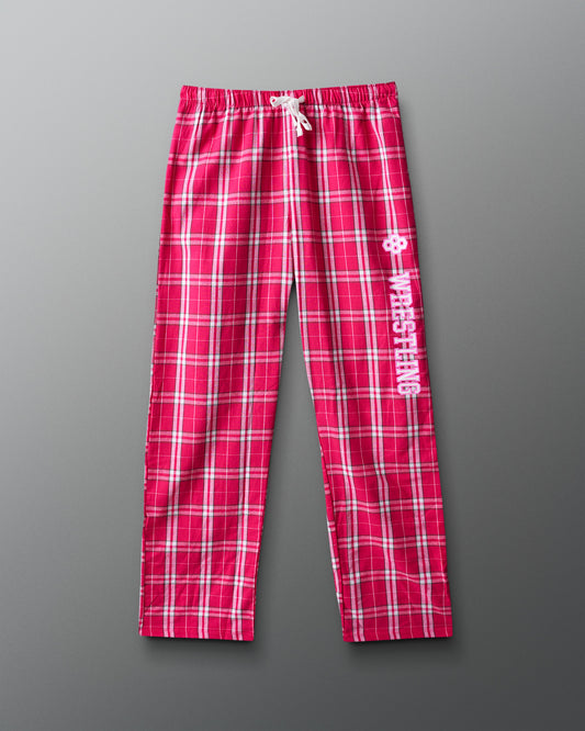 Red plaid pants with a logo on a gray background
