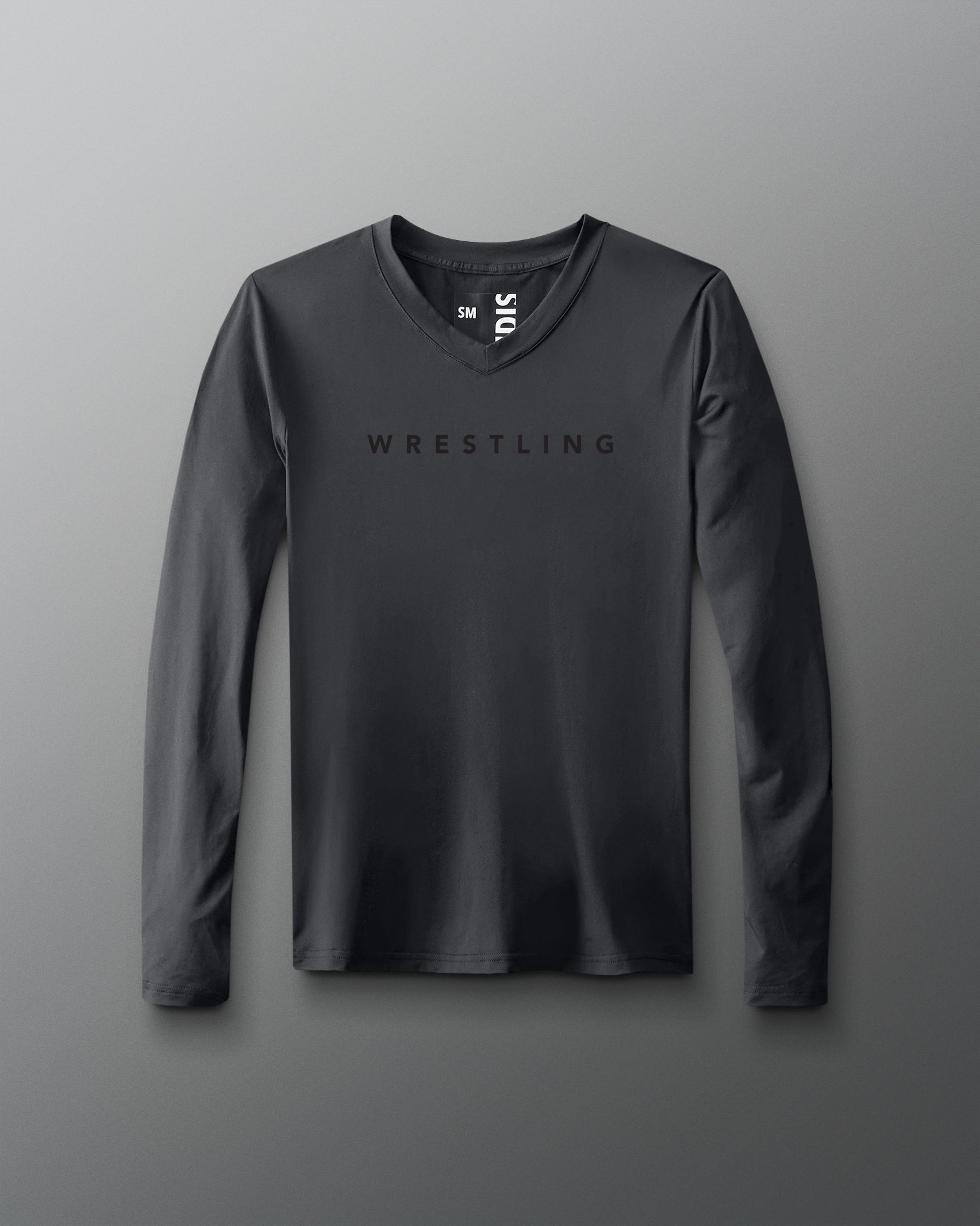 Gray long-sleeve shirt with 'Wrestling' text on a gray background