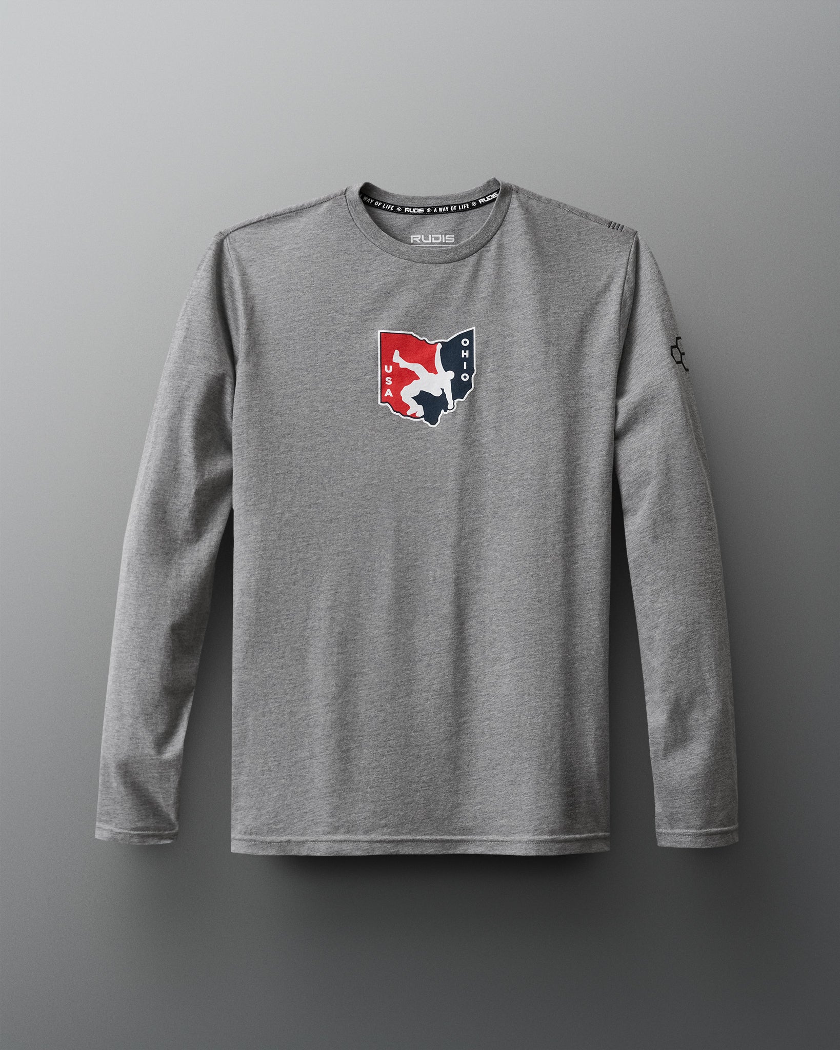 Front view of the RUDIS Team Ohio USA Long Sleeve shirt in gray, featuring the official USA Wrestling Team Ohio logo on the chest, designed for athletes who represent strength, pride, and team spirit.