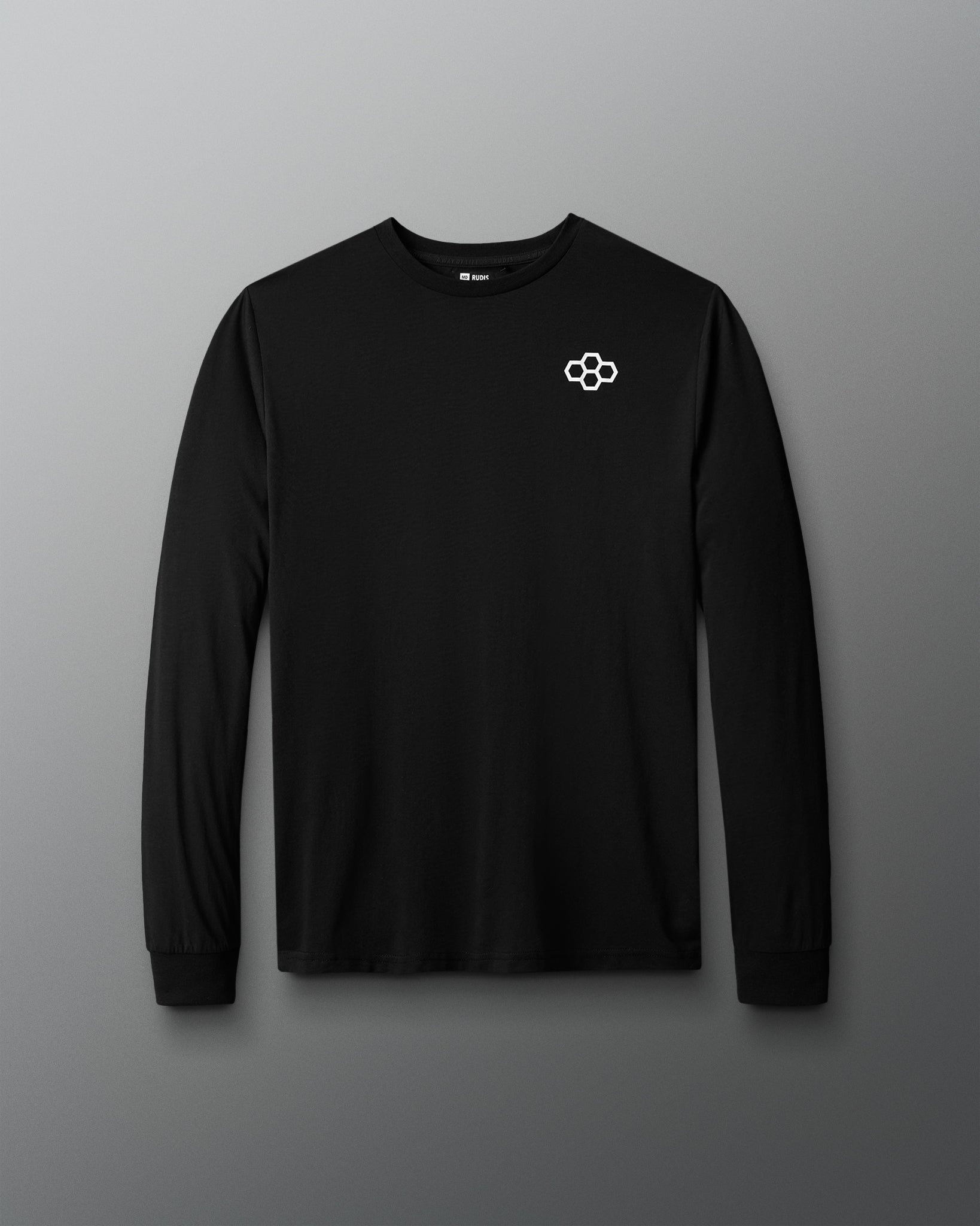 Black long-sleeve shirt with a logo on a gray background