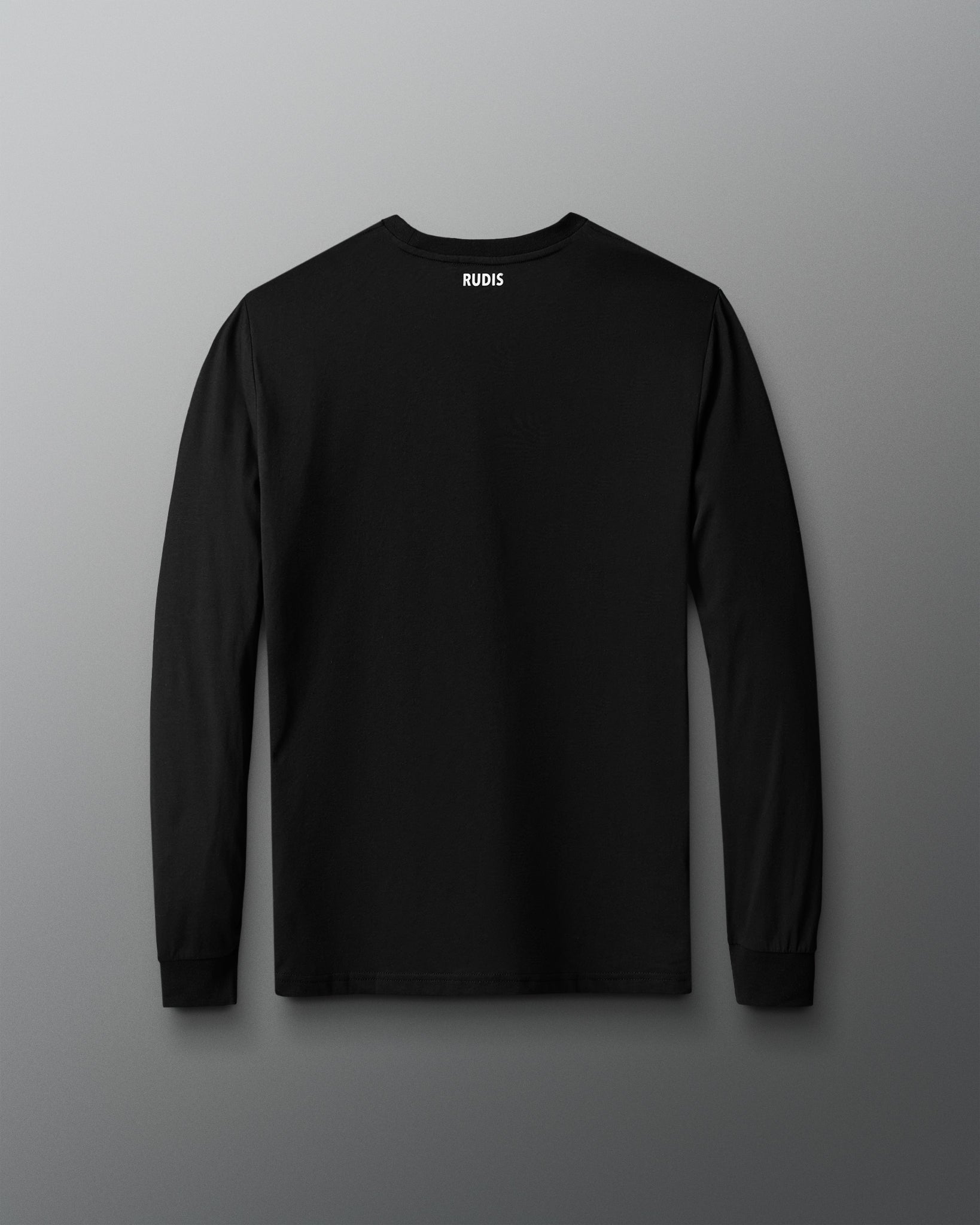 Back view of the RUDIS Essential Hex Elite Super Soft Long Sleeve T-Shirt in black, featuring a solid black design, small white RUDIS logo below the back neckline, crew neck, and ribbed cuffs.