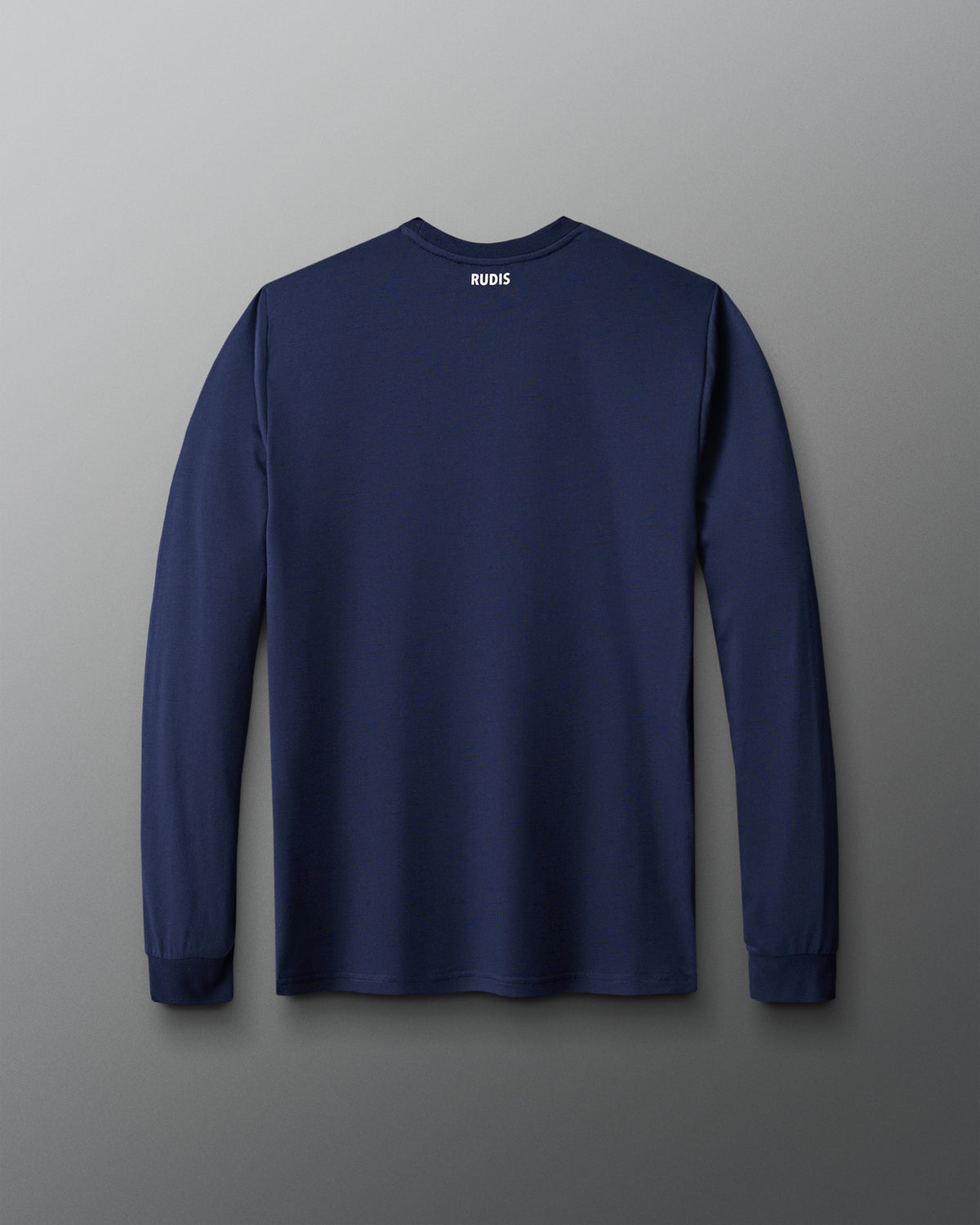 Back view of the RUDIS Essential Hex Elite Super Soft Long Sleeve T-Shirt in navy blue, featuring a solid navy design, small white RUDIS logo below the back neckline, crew neck, and ribbed cuffs.