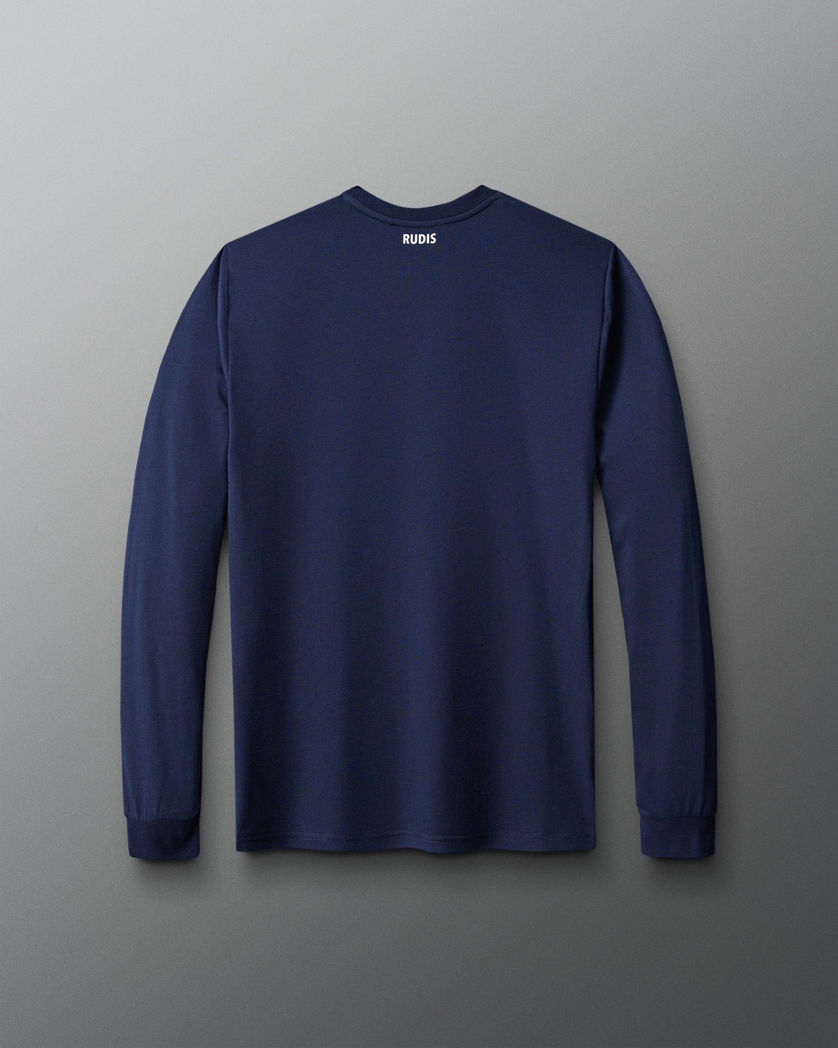 Back view of the RUDIS Essential Hex Elite Super Soft Long Sleeve T-Shirt in navy blue, featuring a solid navy design, small white RUDIS logo below the back neckline, crew neck, and ribbed cuffs.