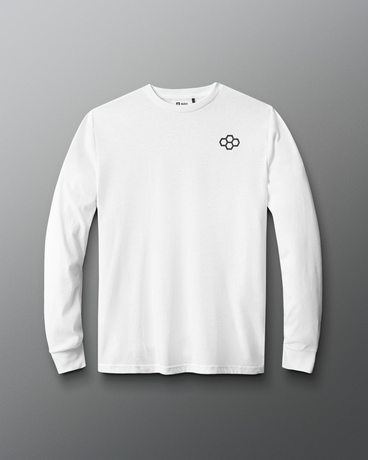 A white long sleeve T-shirt with a hexagonal logo on the chest.