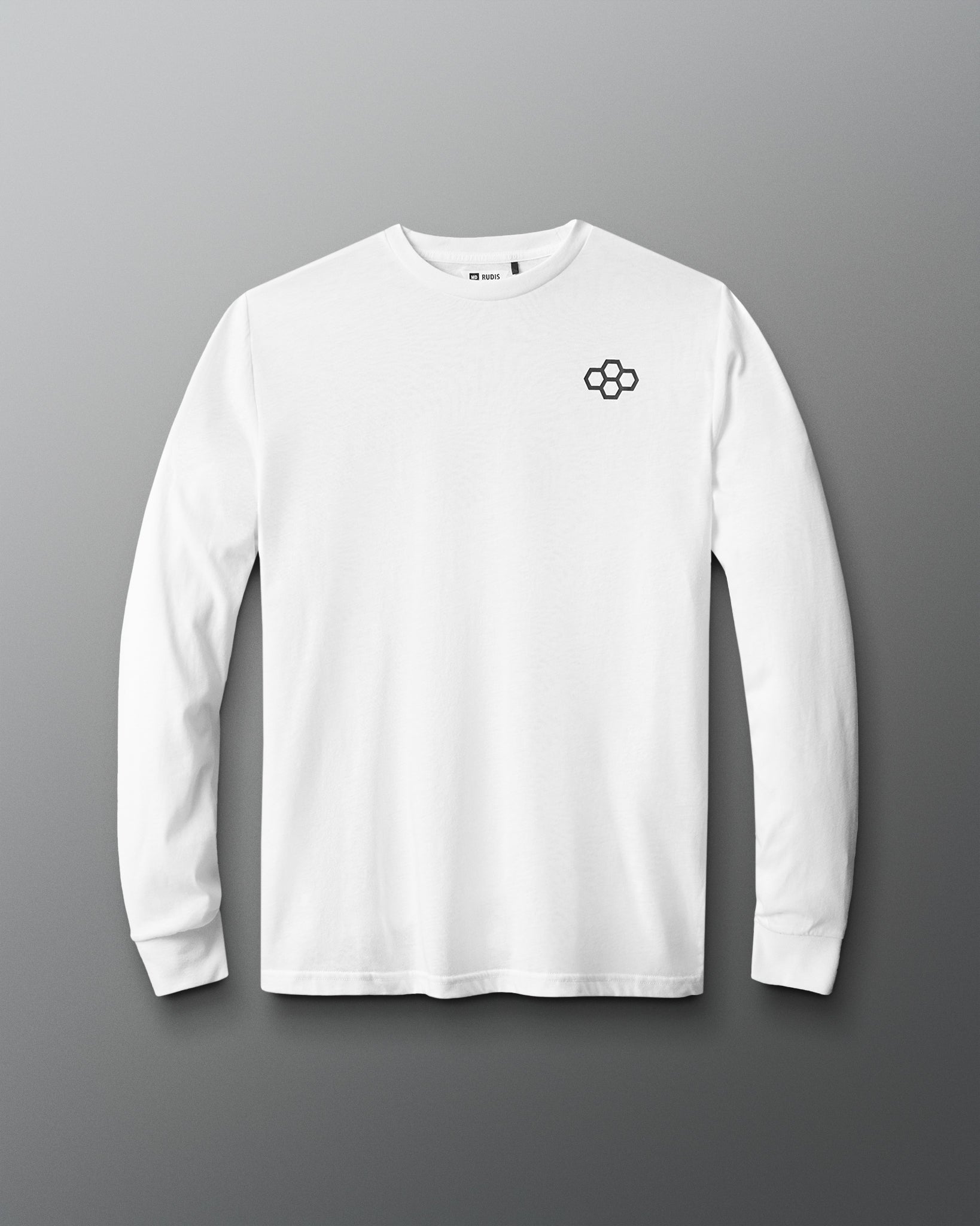 A white long sleeve T-shirt with a hexagonal logo on the chest.