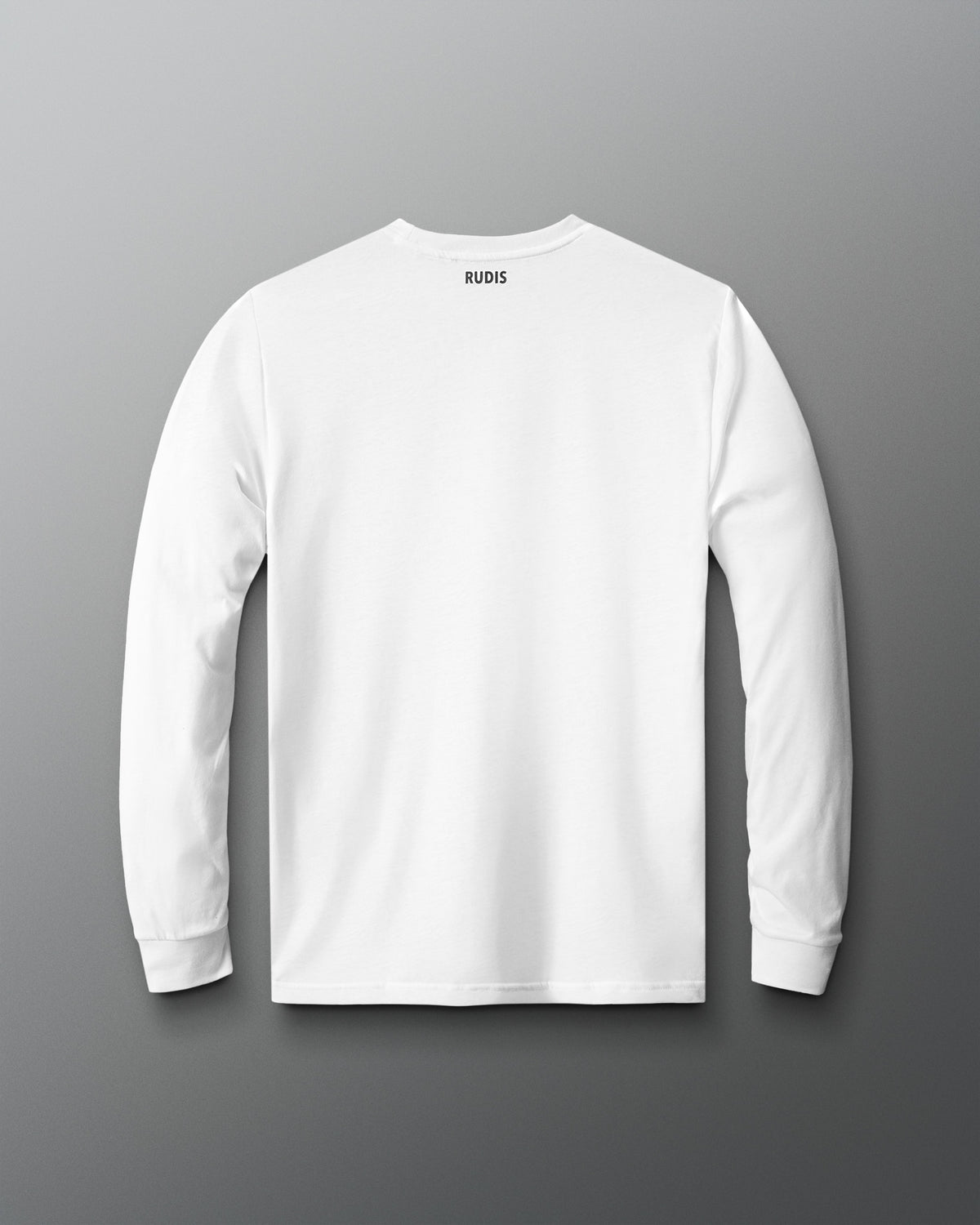 Back view of the RUDIS Essential Hex Elite Super Soft Long Sleeve T-Shirt in white, featuring a solid white design, small black RUDIS logo below the back neckline, crew neck, and ribbed cuffs.