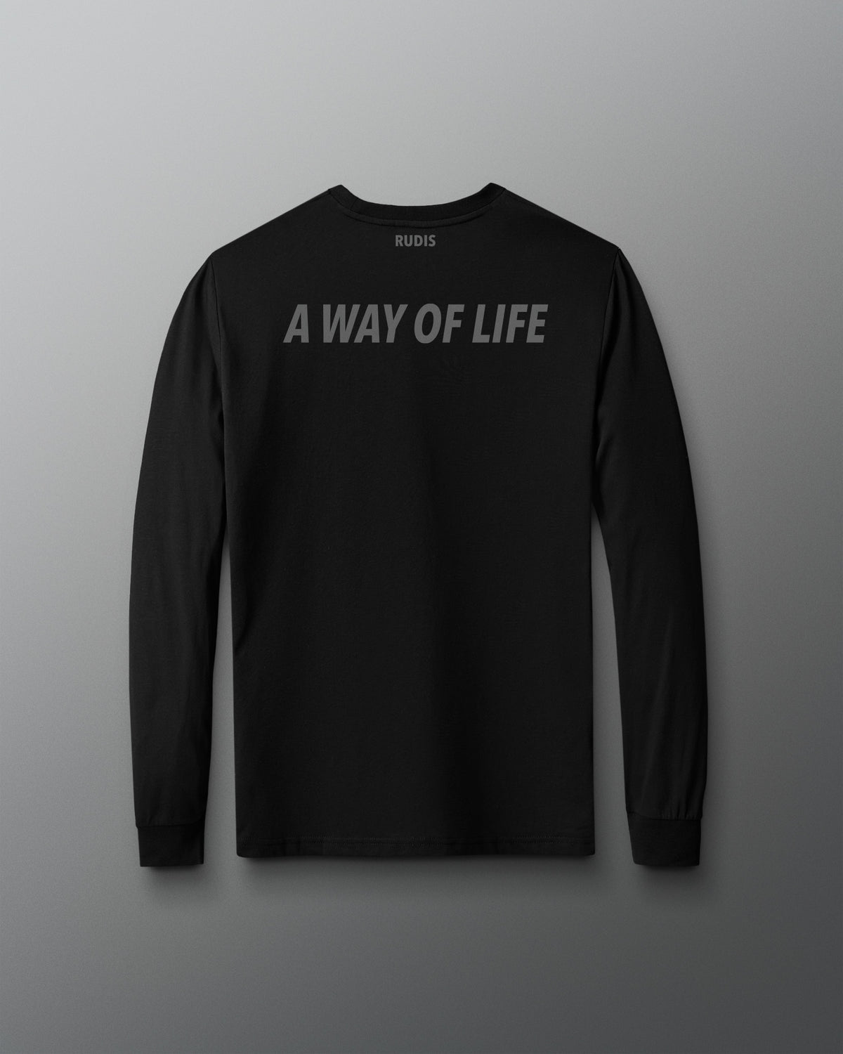 A black long-sleeve t-shirt with 'A WAY OF LIFE' printed in gray across the chest, displayed against a dark gray gradient background.
