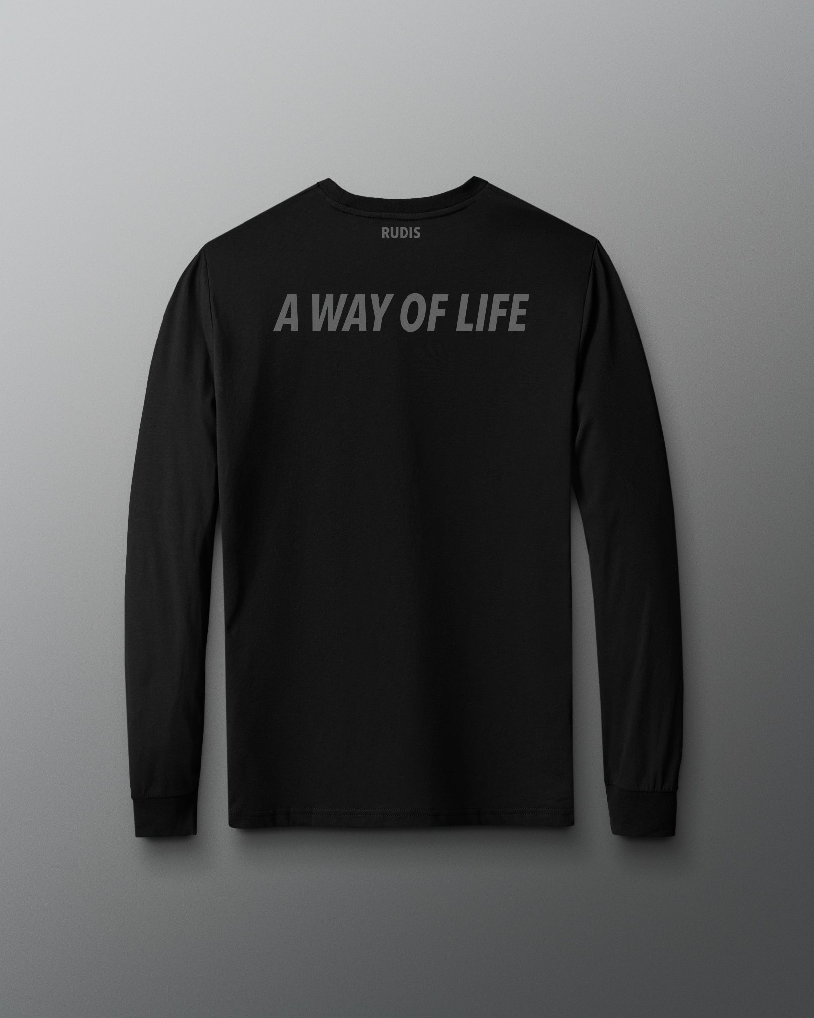 A black long-sleeve t-shirt with 'A WAY OF LIFE' printed in gray across the chest, displayed against a dark gray gradient background.