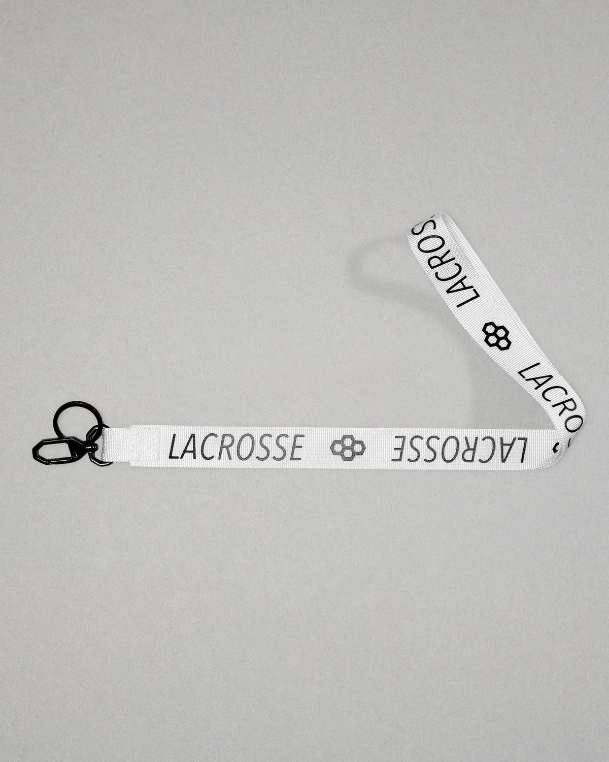 white RUDIS Lacrosse lanyard with woven logo, durable fabric strap, key ring, and metal clasp.