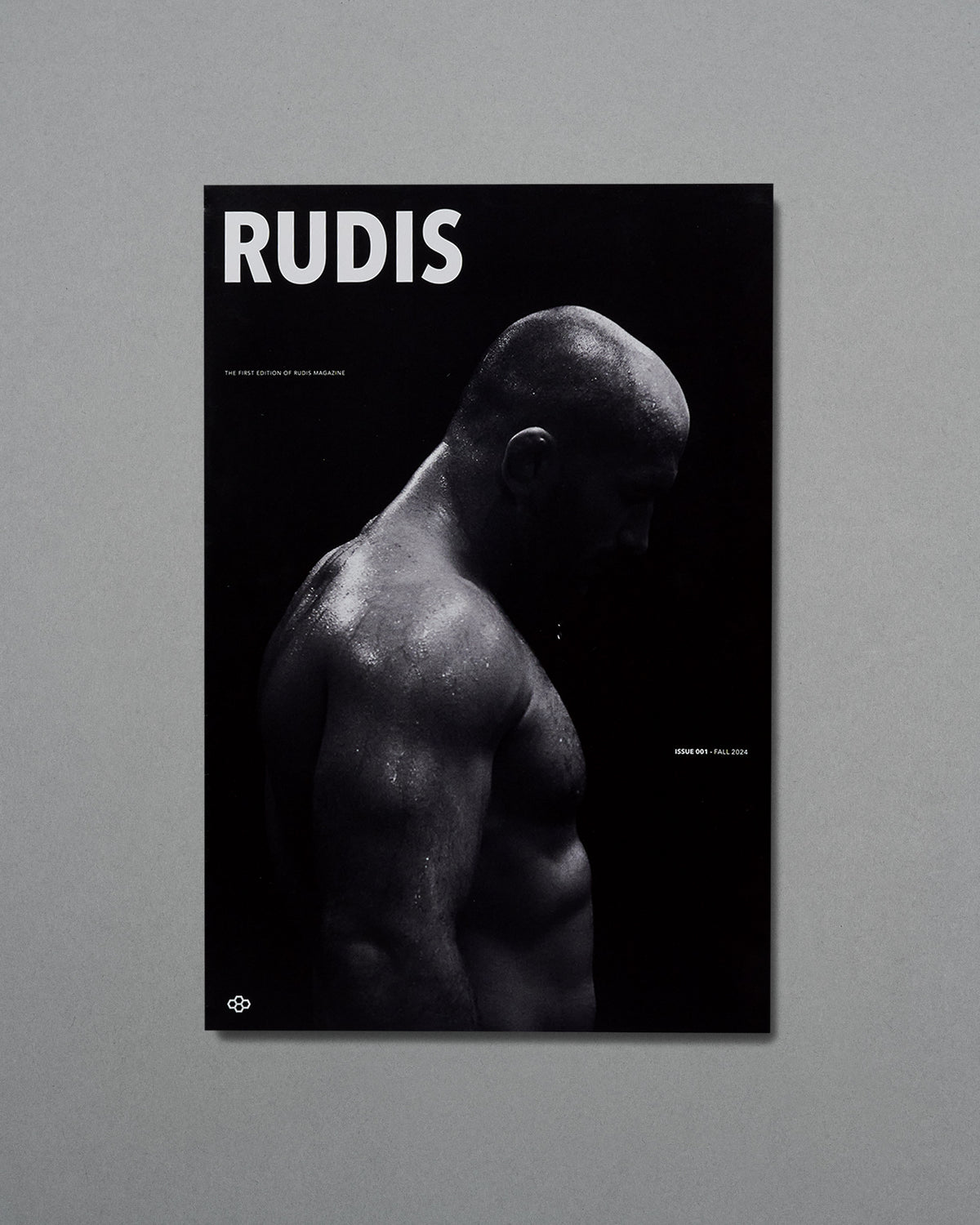 Poster of a muscular man with 'RUDIS' branding on a gray background