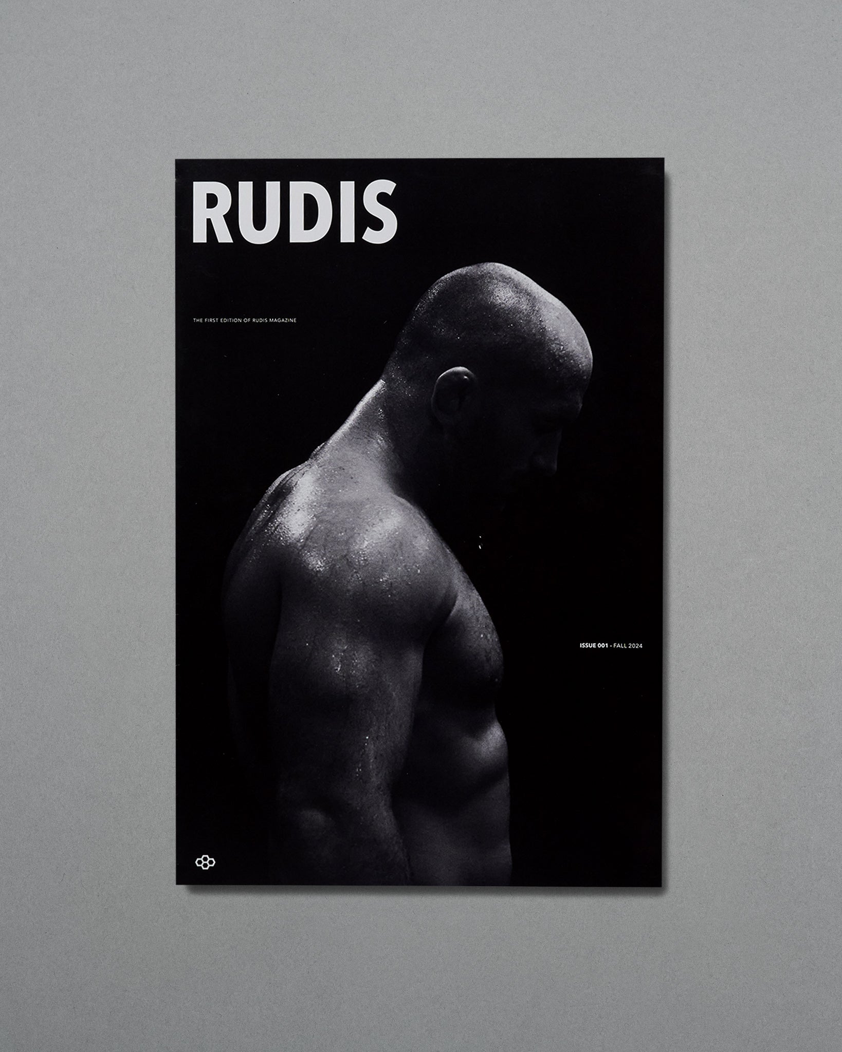 Poster of a muscular man with 'RUDIS' branding on a gray background