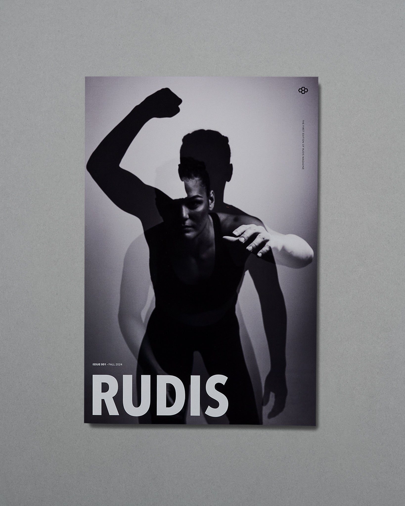 Poster of a person with one arm raised, wearing a black outfit, on a gray background with 'RUDIS' branding.