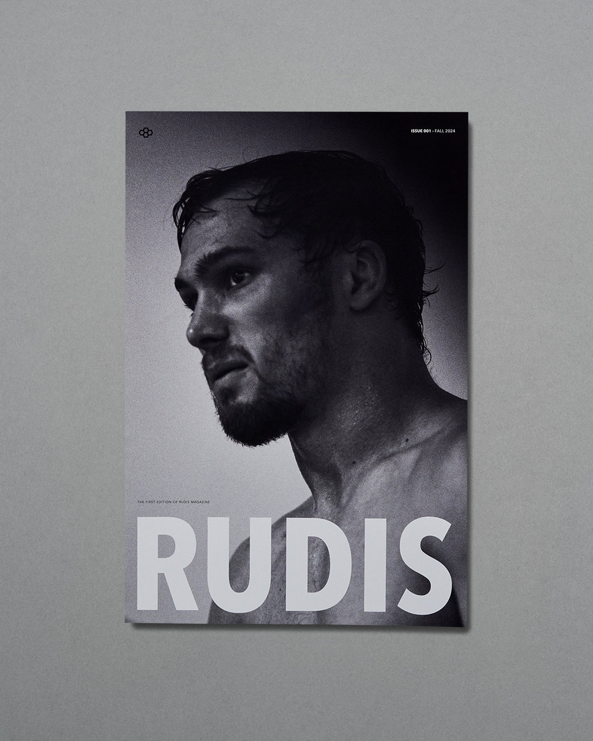 Poster of a shirtless man with 'RUDIS' text on a gray background