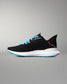 Black running shoe with blue and pink accents on a gray background