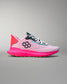 Pink and black running shoe on a gray background