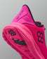 Pink athletic shoe with black text and logo on a gray background with black RUDIS logo