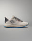 White running shoe with black and blue accents on a gray background
