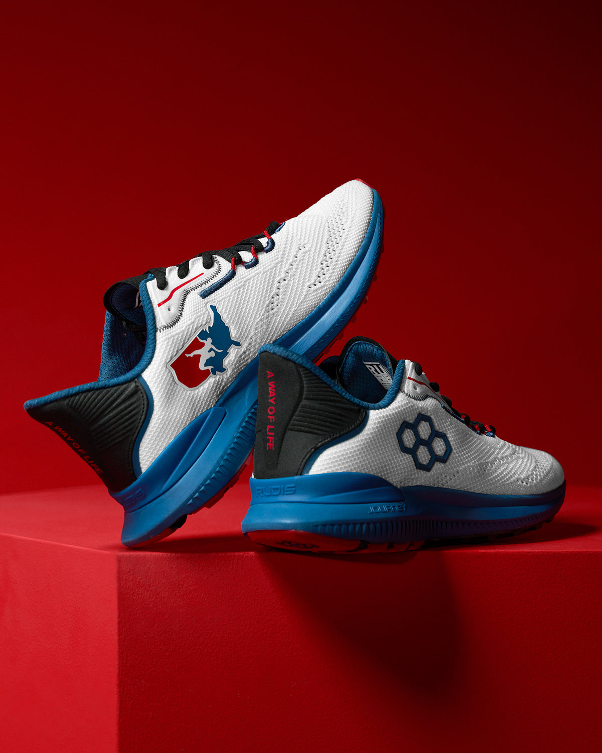Side view of a pair of white RUDIS training shoes with blue soles, black and red accents, and USA Wrestling and hexagon logos. One heel features the phrase ‘A Way of Life’ in red text. Shoes are displayed on a red background.