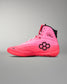 Pink wrestling shoe with a black logo on a gray background