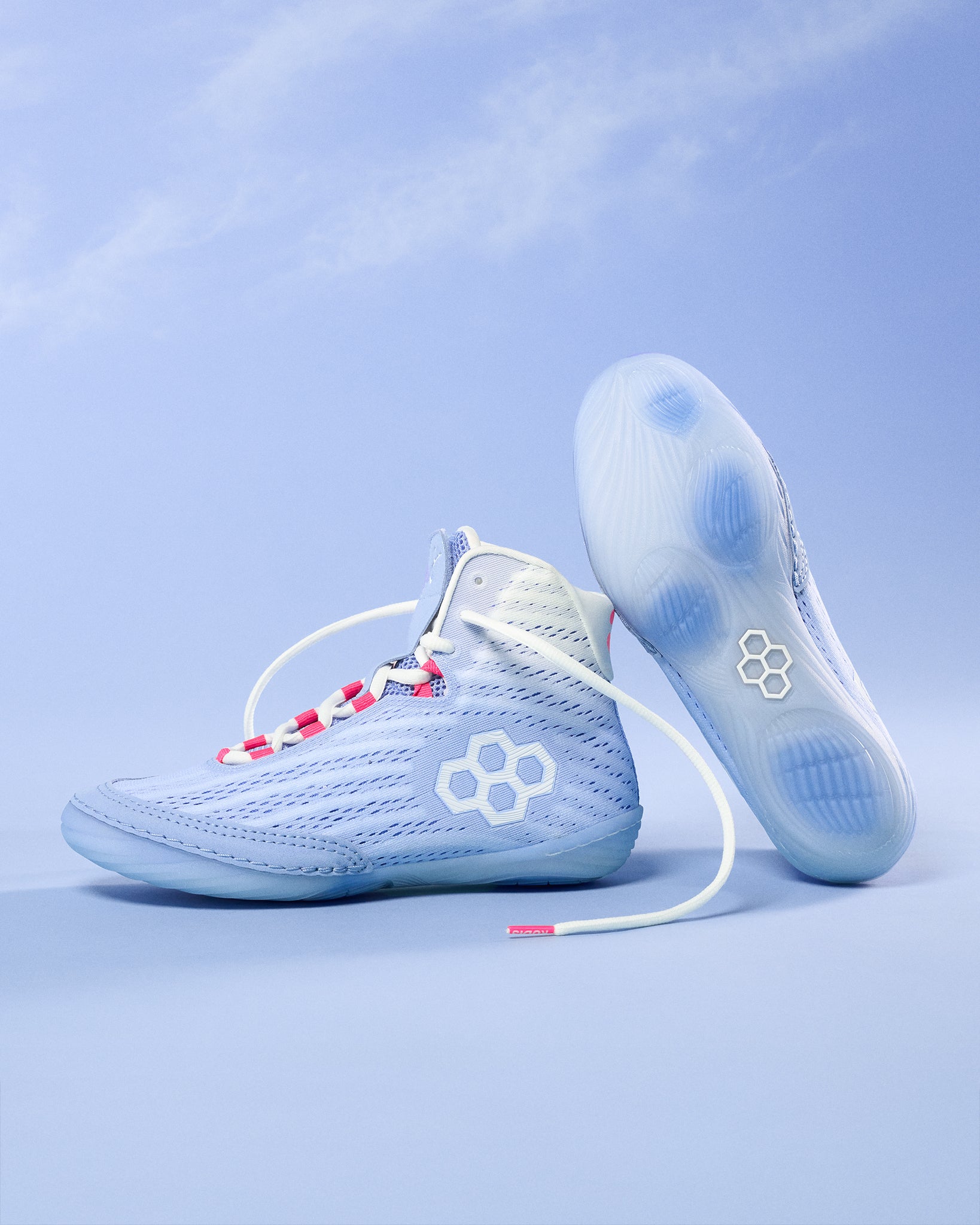 Light blue wrestling shoes with a RUDIS logo on a matching light blue background