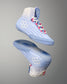 Light blue wrestling shoes with white and pink accents on a gray background