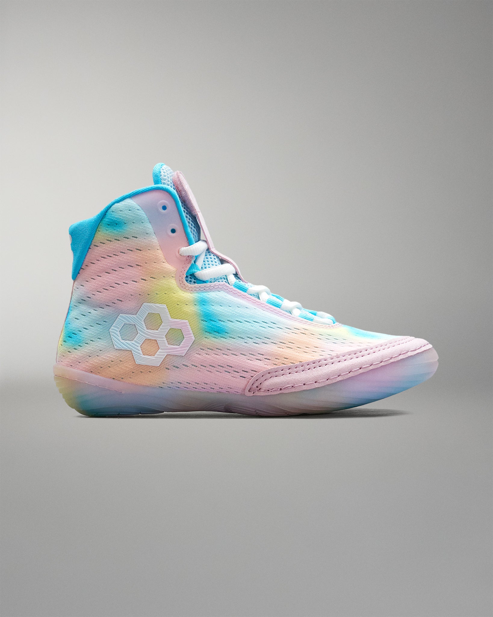 Colorful Wrestling shoe with a brand logo on a gray background